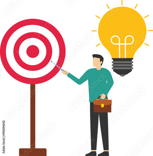 Manager pointing at center of bullseye archery target. Specific goal, concentrate on purpose to win business mission, aiming at target. Flat vector illustration.

