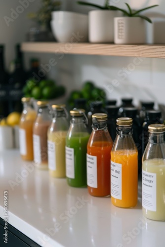 Detox Juice Cleanse Plan - Multiple Bottles Arranged by Time and Ingredients on Kitchen Counter