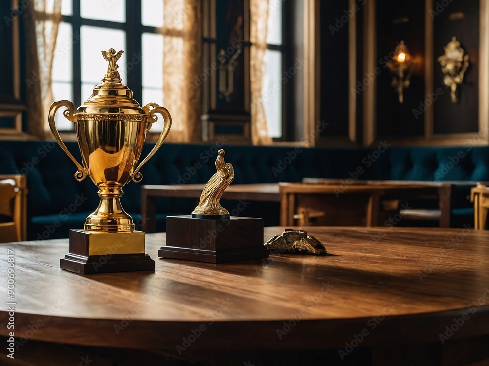Wooden table with golden trophy for champion Wooden table with golden trophy for champion