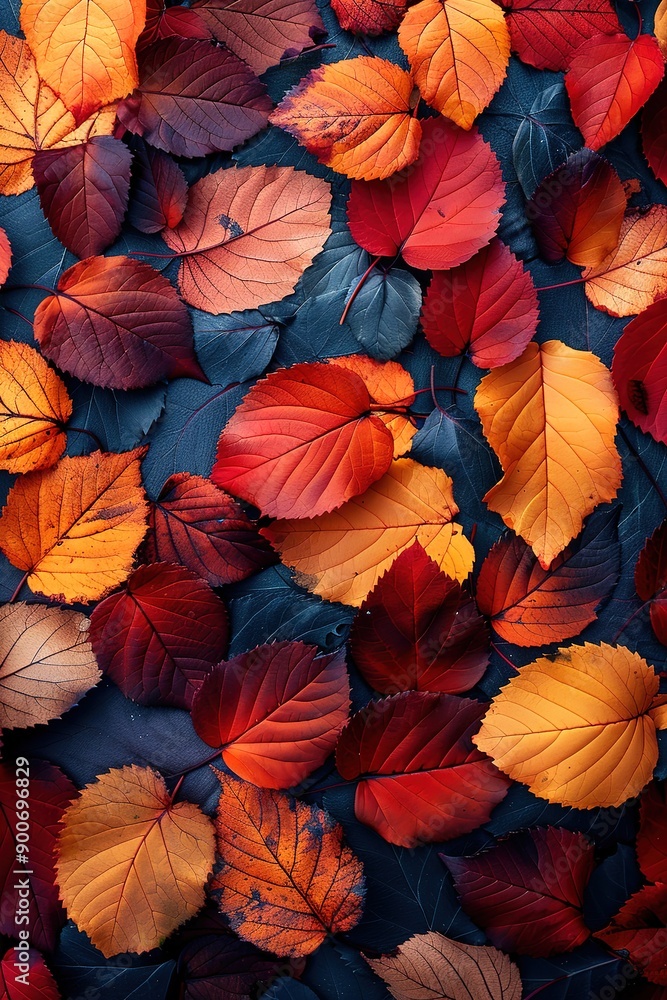 A close up of a pile of autumn leaves on a blue background A close up of a pile of autumn leaves on a blue background