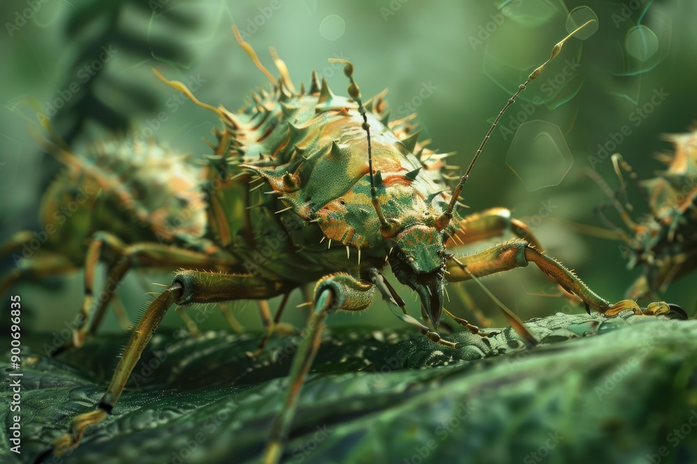 Fototapeta premium Closeup of a spiky armored beetle navigating a green leaf