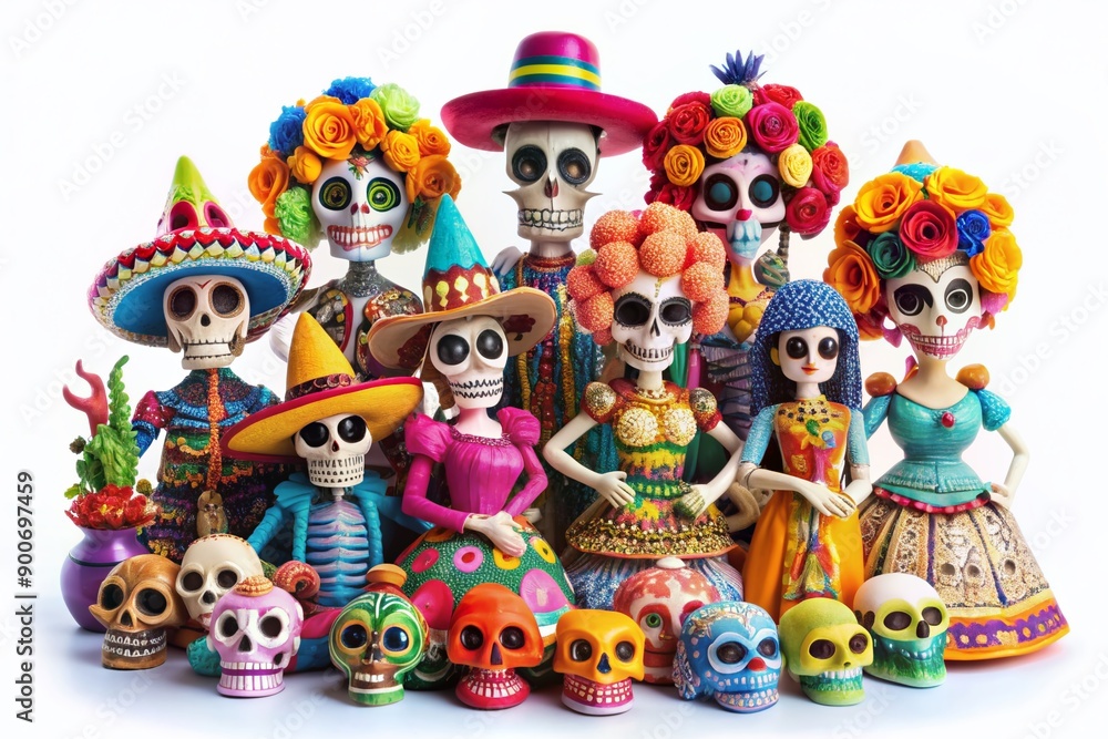 Vibrant collection of sugar skulls, playful skeletons, and festive catrina figurines isolated on a white background, celebrating the colorful Mexican holiday of Day of the Dead. Vibrant collection of sugar skulls, playful skeletons, and festive catrina figurines isolated on a white background, celebrating the colorful Mexican holiday of Day of the Dead.