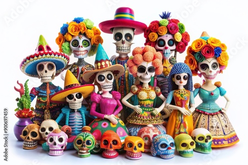 Vibrant collection of sugar skulls, playful skeletons, and festive catrina figurines isolated on a white background, celebrating the colorful Mexican holiday of Day of the Dead.