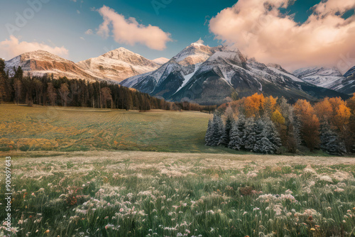 Autumnal panorama: misty mountain range with golden foliage, snow-capped peaks, and a vast valley below