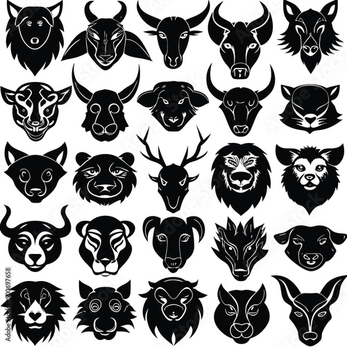 Animals heads drawn vector illustrations different sorts silhouettes set