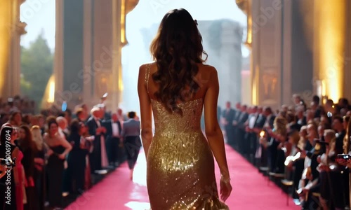 Back view of an elegant woman walking a red carpet event, her shimmering gold gown flowing gracefully photo