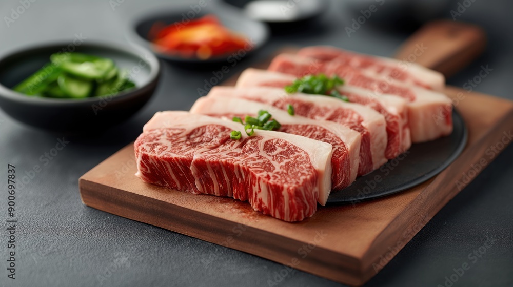 Beautifully marbled beef steak slices garnished with green onions on a wooden cutting board, with sliced cucumbers and pickled vegetables in the background. Beautifully marbled beef steak slices garnished with green onions on a wooden cutting board, with sliced cucumbers and pickled vegetables in the background.