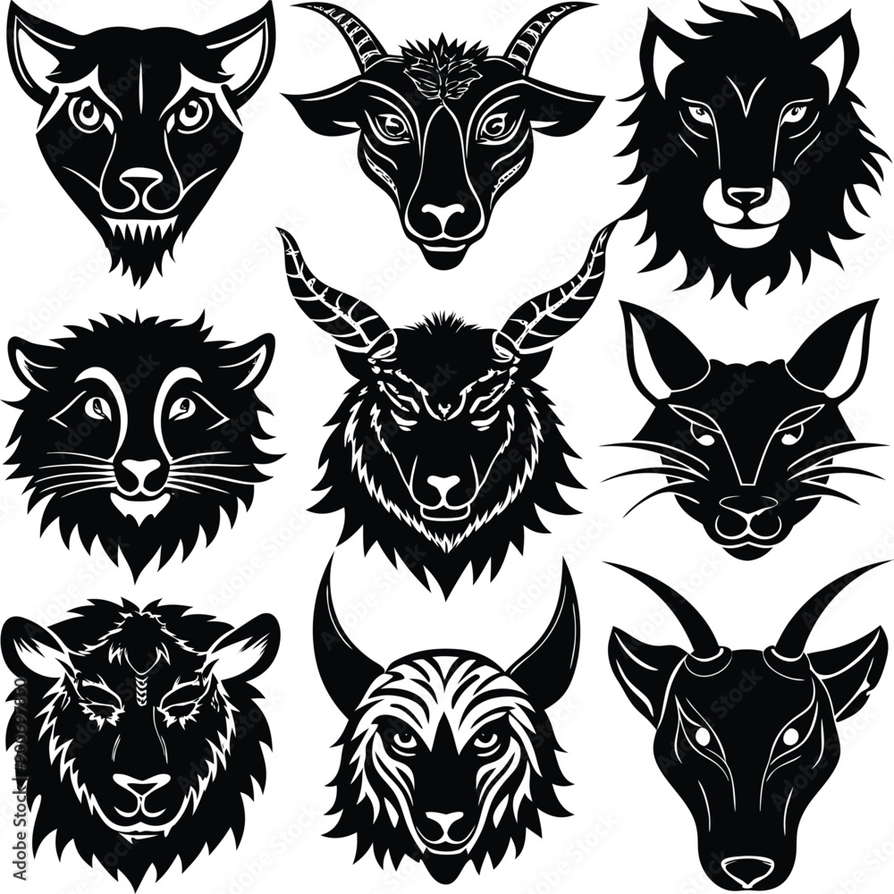 Animals heads drawn vector illustrations different sorts silhouettes set Animals heads drawn vector illustrations different sorts silhouettes set