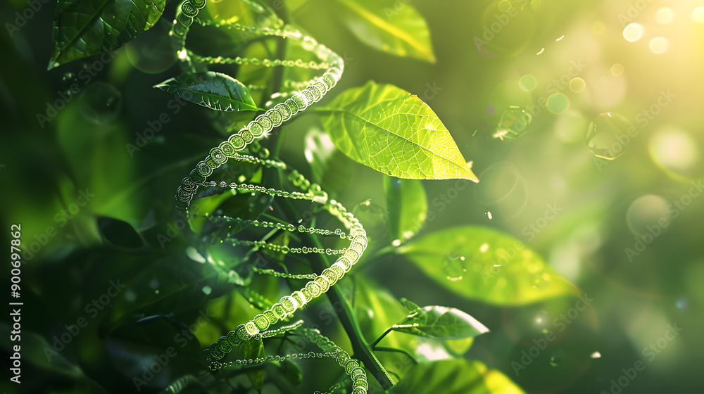 DNA helix with green leaves in sunlight DNA helix with green leaves in sunlight