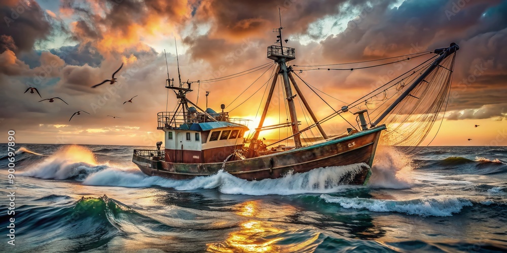 Obraz premium Rusty fishing boat navigates through choppy ocean waters, nets and ropes strewn about, capturing the gritty industrial essence of commercial fishing operations at dawn.