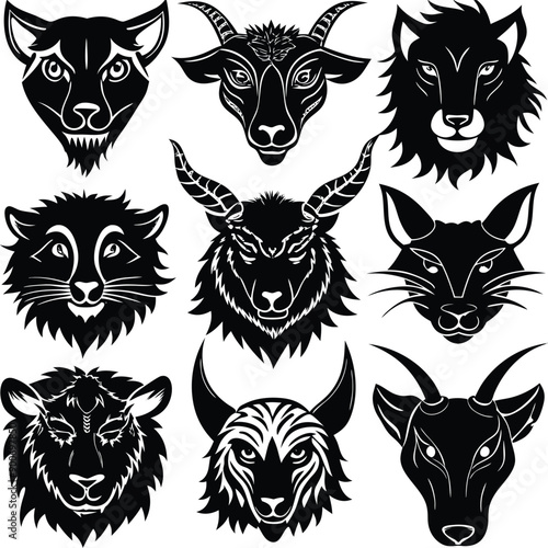 Animals heads drawn vector illustrations different sorts silhouettes set
