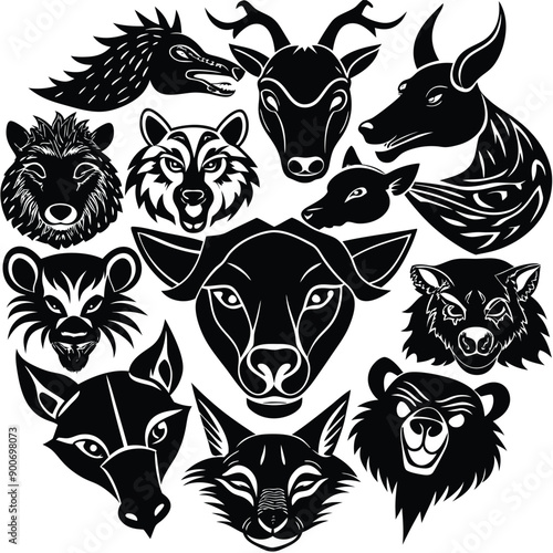 Animals heads drawn vector illustrations different sorts silhouettes set