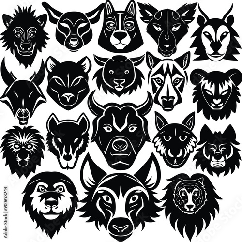 Animals heads drawn vector illustrations different sorts silhouettes set