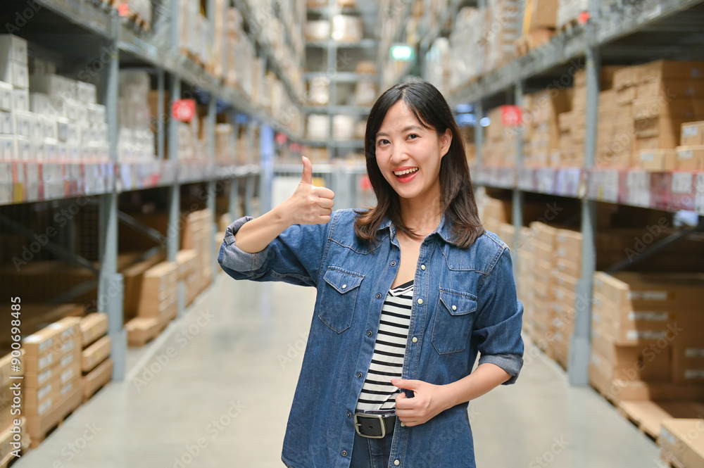 Confident woman giving a thumbs up in a warehouse aisle filled with shelves and products. Confident woman giving a thumbs up in a warehouse aisle filled with shelves and products.