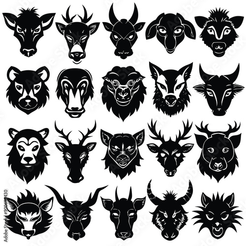 Animals heads drawn vector illustrations different sorts silhouettes set
