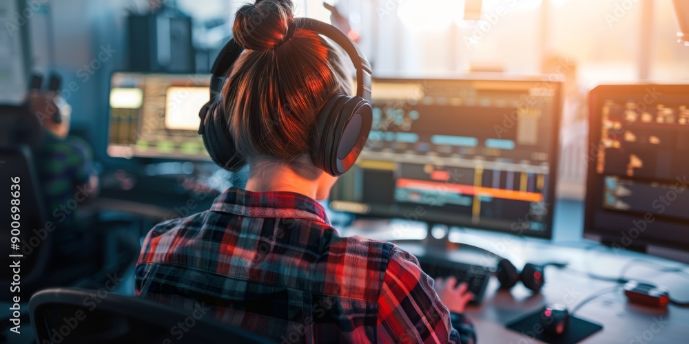 Creative Pulse: Music Producer in Action at a Modern Recording Studio from Behind Creative Pulse: Music Producer in Action at a Modern Recording Studio from Behind