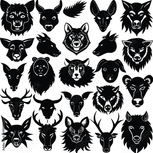 Animals heads drawn vector illustrations different sorts silhouettes set