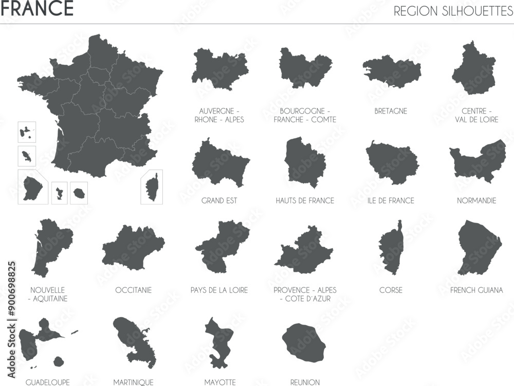 France region silhouettes set and blank map of the country isolated on white background. Vector illustration design France region silhouettes set and blank map of the country isolated on white background. Vector illustration design