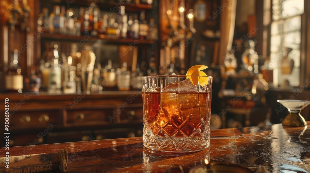 Historical Cocktails, Classic Sazerac in a crystal glass with a lemon twist Historical Cocktails, Classic Sazerac in a crystal glass with a lemon twist