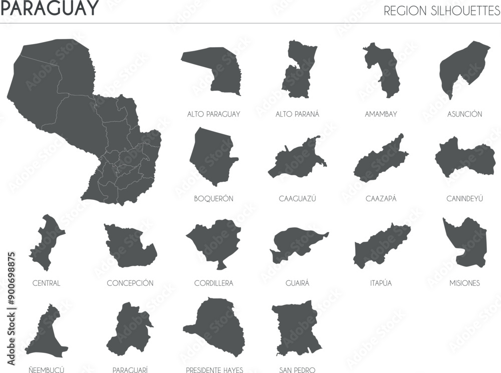 Paraguay region silhouettes set and blank map of the country isolated on white background. Vector illustration design Paraguay region silhouettes set and blank map of the country isolated on white background. Vector illustration design