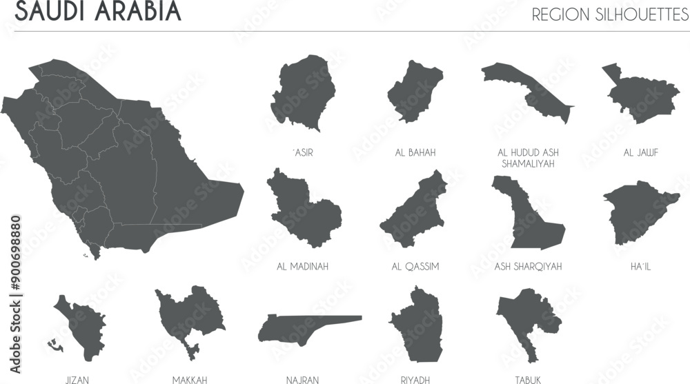 Saudi Arabia region silhouettes set and blank map of the country isolated on white background. Vector illustration design