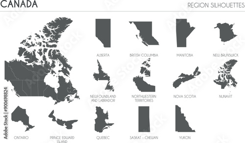 Canada region silhouettes set and blank map of the country isolated on white background. Vector illustration design