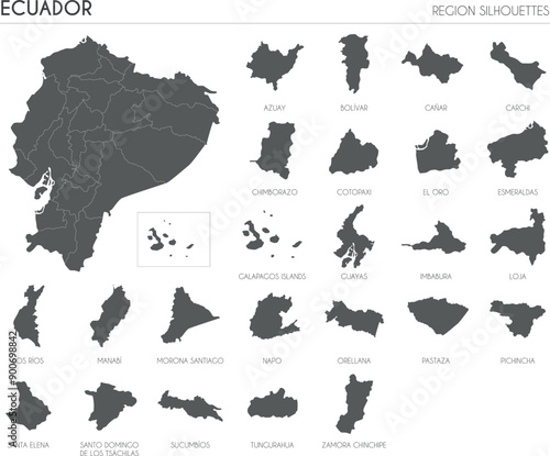 Ecuador region silhouettes set and blank map of the country isolated on white background. Vector illustration design