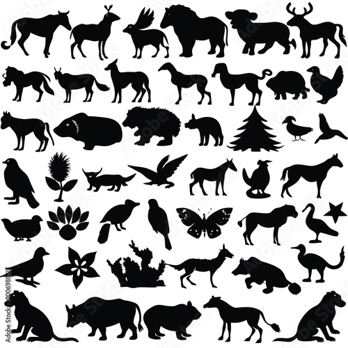 Animals drawn vector illustrations different sorts silhouettes set