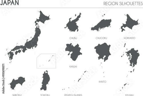 Japan region silhouettes set and blank map of the country isolated on white background. Vector illustration design
