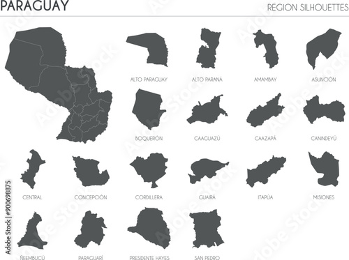 Paraguay region silhouettes set and blank map of the country isolated on white background. Vector illustration design photo