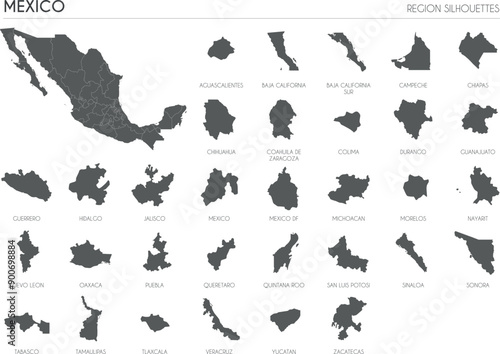Mexico region silhouettes set and blank map of the country isolated on white background. Vector illustration design