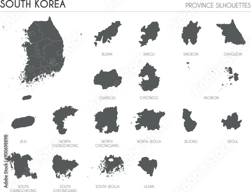 South Korea region silhouettes set and blank map of the country isolated on white background. Vector illustration design