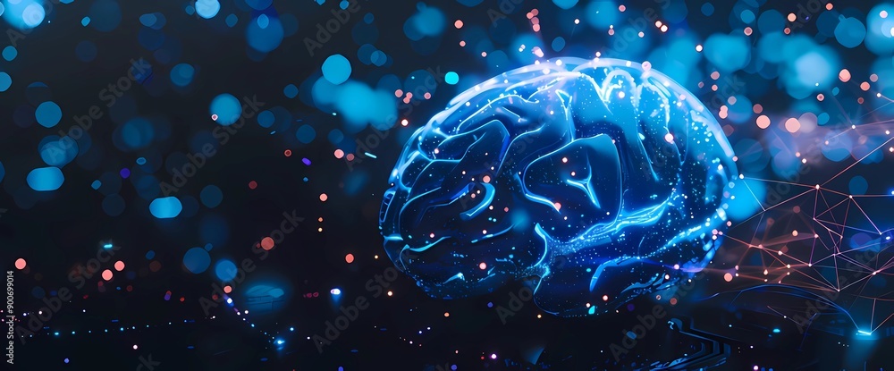 AI. Digital brain shaped with blue neural connection lines and glowing dots copy space AI. Digital brain shaped with blue neural connection lines and glowing dots copy space