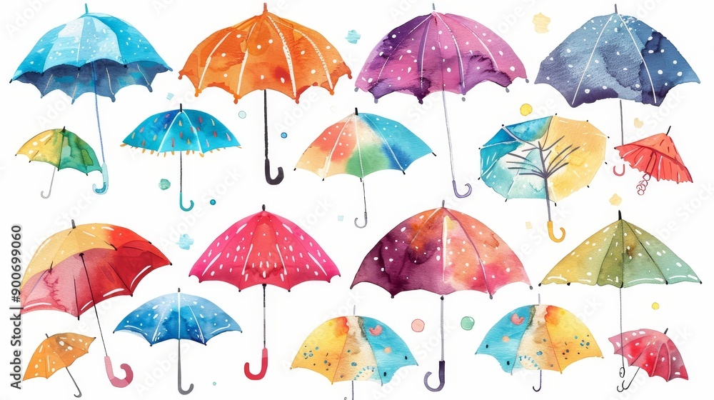 Obraz premium Cute cartoon umbrellas set. White background. Watercolor illustrations set