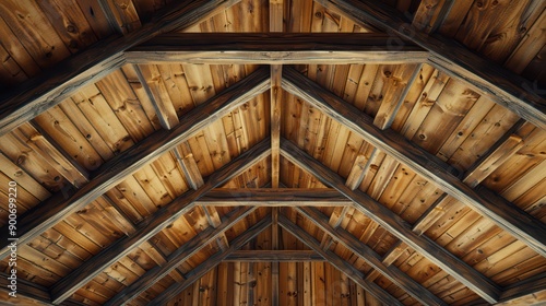 A rustic wooden ceiling with exposed beams and a warm, natural finish