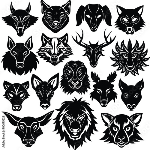 Animals heads drawn vector illustrations different sorts silhouettes set