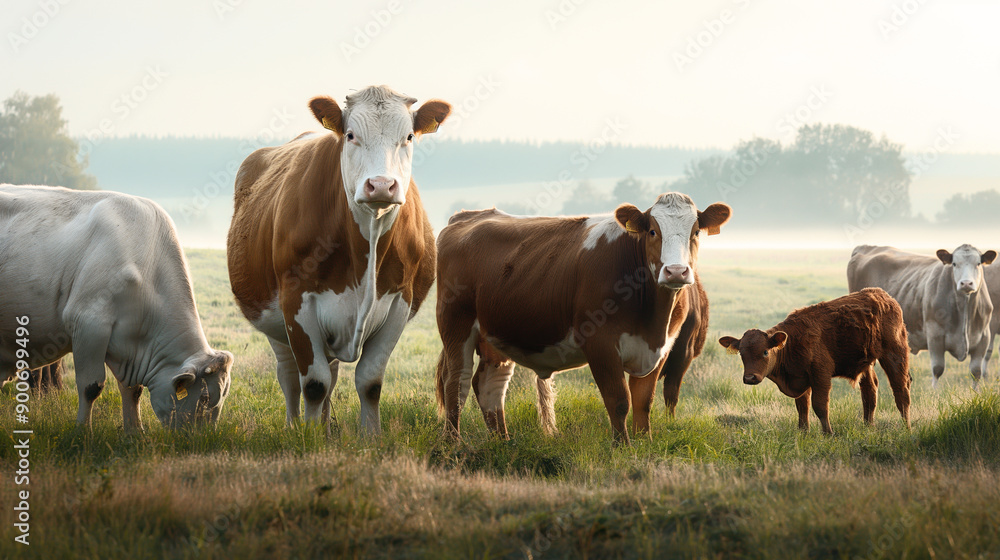 A group of cows and a calf standing and grazing in a foggy field during sunrise, with trees visible in the background. A group of cows and a calf standing and grazing in a foggy field during sunrise, with trees visible in the background.