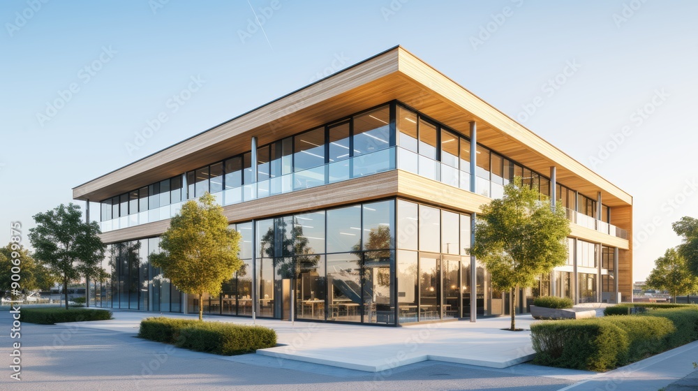 Sustainable glass office tower with wooden elements for eco friendly practices and green atmosphere Sustainable glass office tower with wooden elements for eco friendly practices and green atmosphere
