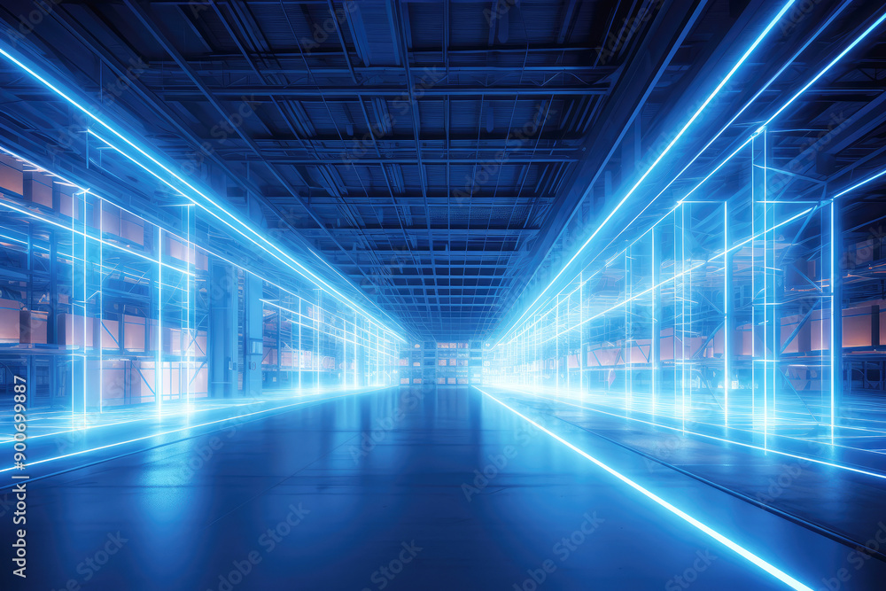Fototapeta premium generated illustration of bright warehouse aisle with motion lights.
