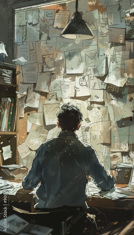 Solitary Entrepreneur Refining Business Plan in Cluttered Workspace with Notes and Sketches Solitary Entrepreneur Refining Business Plan in Cluttered Workspace with Notes and Sketches