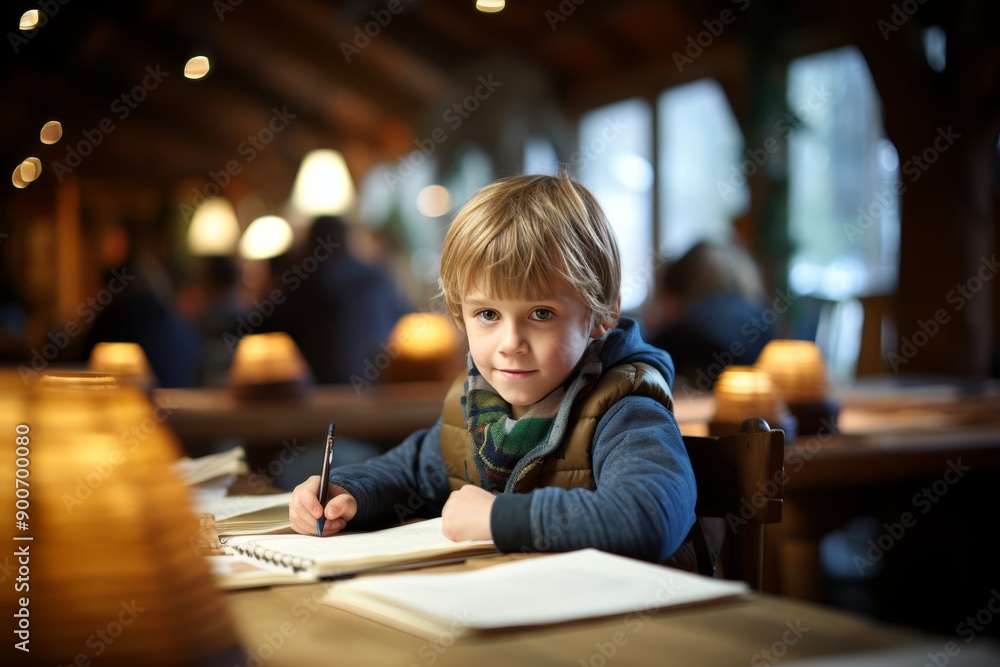 Focused first grade student practices diligently by writing letters in a notebook Focused first grade student practices diligently by writing letters in a notebook