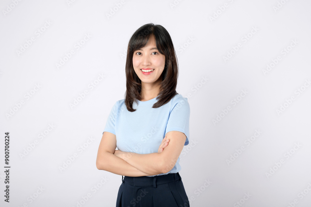 Confident enterpriser, people emotions and casual concept. nice smiling asian woman cross arms chest confident isolated on white, ready to help, listening to coworkers, taking part conversation Confident enterpriser, people emotions and casual concept. nice smiling asian woman cross arms chest confident isolated on white, ready to help, listening to coworkers, taking part conversation