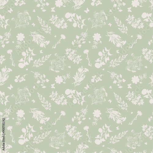 Seamless floral pattern, abstract flower print in romantic vintage style. Elegant botanical design in pink pastel colors: hand drawn wild flowers, leaves in abstract composition. Vector illustration. © Elvira