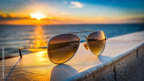 Stylish Sunglasses Reflecting a Beautiful Sunset by the Ocean. Ideal for Illustrations Related to Summer, Beach Vacations, and Fashion Accessories photo