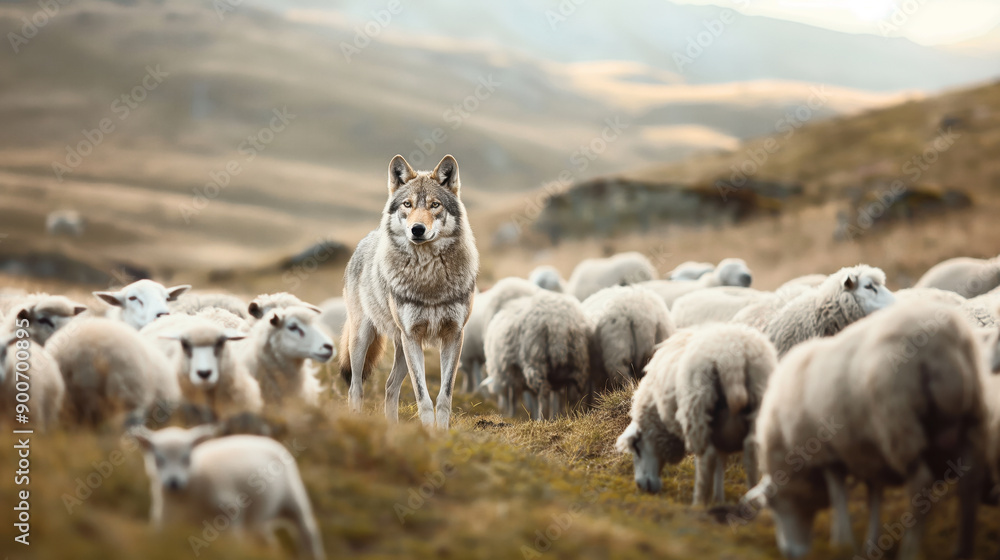Fototapeta premium Wolf standing among a flock of sheep in an open, hilly landscape.