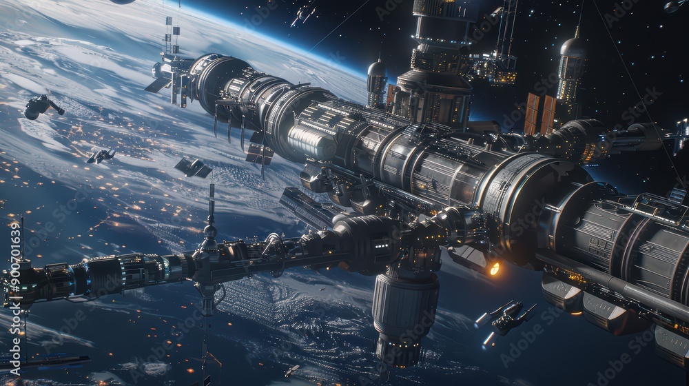 Space city orbiting Earth, with interconnected modules and spacecraft docking Space city orbiting Earth, with interconnected modules and spacecraft docking