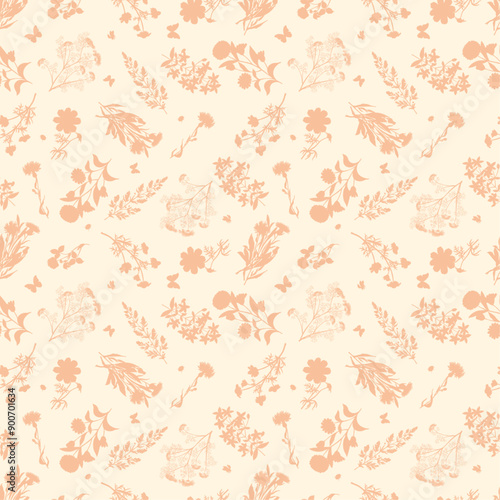 Seamless floral pattern, abstract flower print in romantic vintage style. Elegant botanical design in pink pastel colors: hand drawn wild flowers, leaves in abstract composition. Vector illustration.