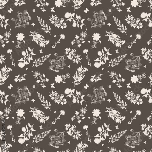 Seamless floral pattern, abstract flower print in romantic vintage style. Elegant botanical design in pink pastel colors: hand drawn wild flowers, leaves in abstract composition. Vector illustration.