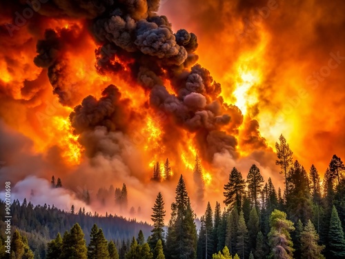 A massive wildfire engulfing a dense forest, with towering flames and smoke billowing into the air, illuminating the dark orange sky with apocalyptic intensity.