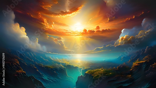 Sunset over mountains with dramatic cloudy sky, panoramic landscape, sun rays shining in nature